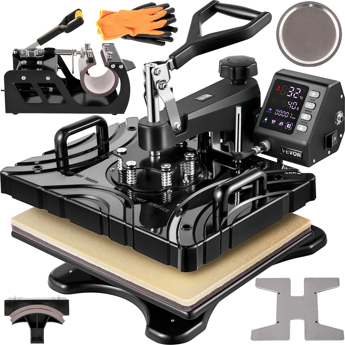 VEVOR kuumpress 30 × 38 cm 6-in-1, 1000 W, 360° pööratav, ekraaniga, T-särkidele, mütsidele, kruusidele ja jalatsitele, must