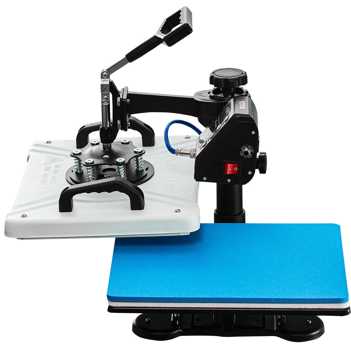VEVOR termoprese 30 × 38 cm 10-in-1, 1000 W, 360° pagriežama, T-krekliem, krūzēm, cepurēm un pildspalvām, balta