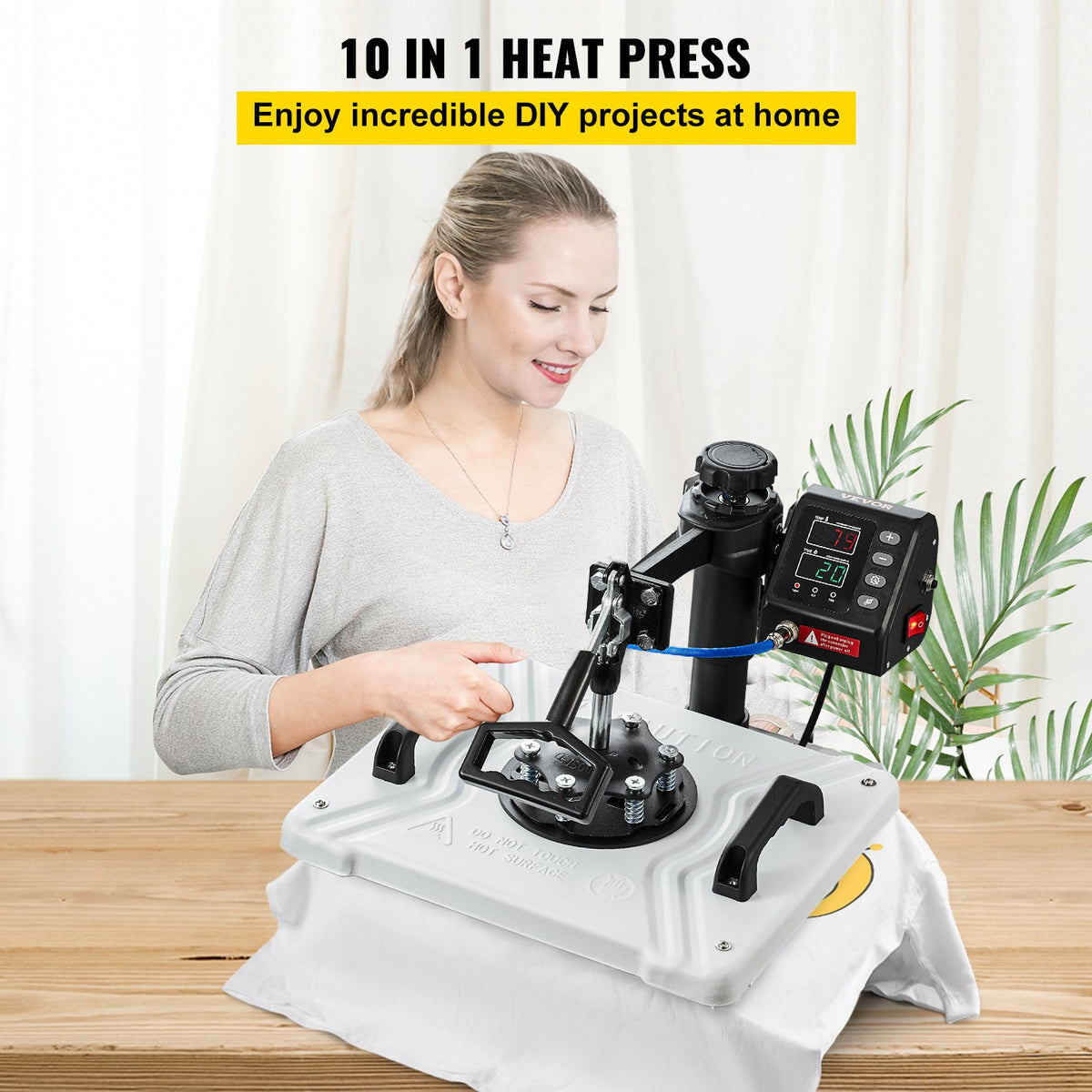 VEVOR termoprese 30 × 38 cm 10-in-1, 1000 W, 360° pagriežama, T-krekliem, krūzēm, cepurēm un pildspalvām, balta