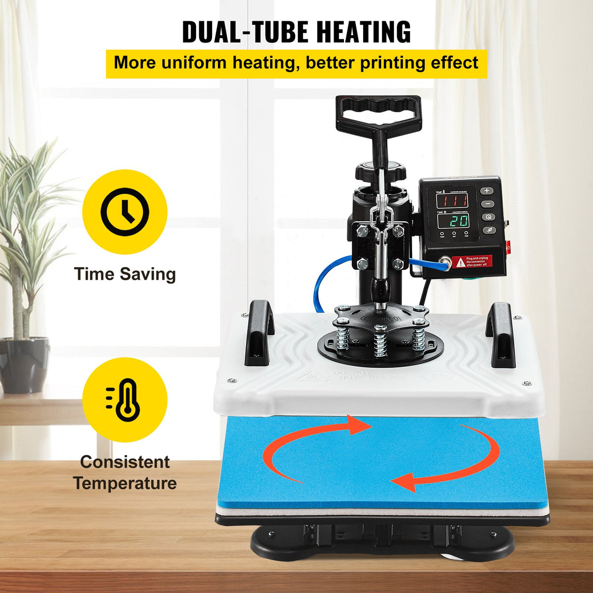 VEVOR termoprese 30 × 38 cm 10-in-1, 1000 W, 360° pagriežama, T-krekliem, krūzēm, cepurēm un pildspalvām, balta
