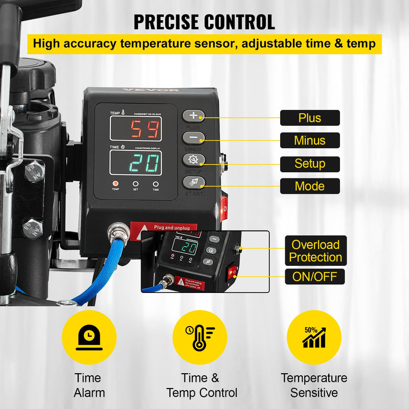 VEVOR 10-in-1 Siltuma prese 30x38 cm, 1000W, 360° rotācijas svārsta veids, balta siltuma prese T-kreklu sublimācijai, divu cauruļu sildīšana DIY pildspalvām, cepurēm, krūzēm un T-krekliem