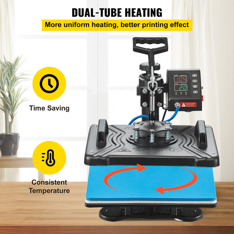 VEVOR 30x38 cm 10-in-1 termoprese 1000W, 360° rotējoša Swing Away termoprese, melna, 10-in-1 T-kreklu sublimācijas mašīna ar divu cauruļu sildīšanu, DIY pildspalvām, cepurēm, krūzēm u.c.