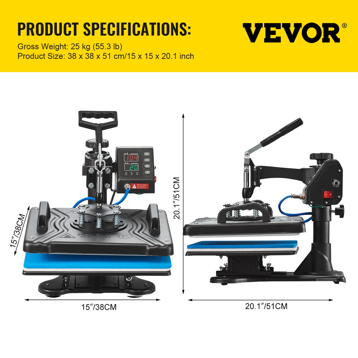 VEVOR термопресс 30 × 38 см 10-в-1, 1000 Вт, поворот 360°, для футболок, кружек, кепок и ручек, чёрный