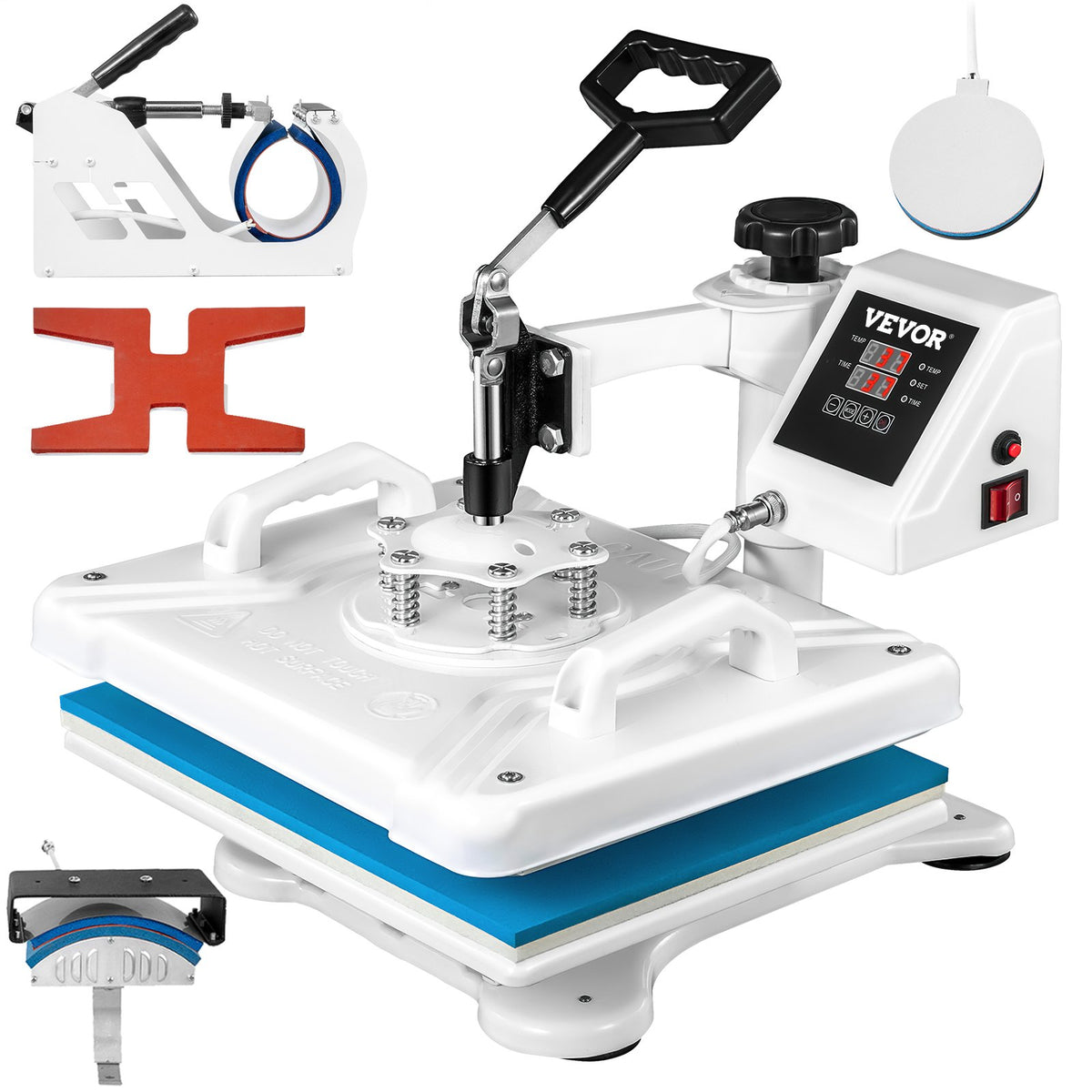 VEVOR kuumpress 30 × 38 cm 5-in-1, 1250 W, 360° pööratav, jalatsitele, mütsidele ja T-särkidele, valge