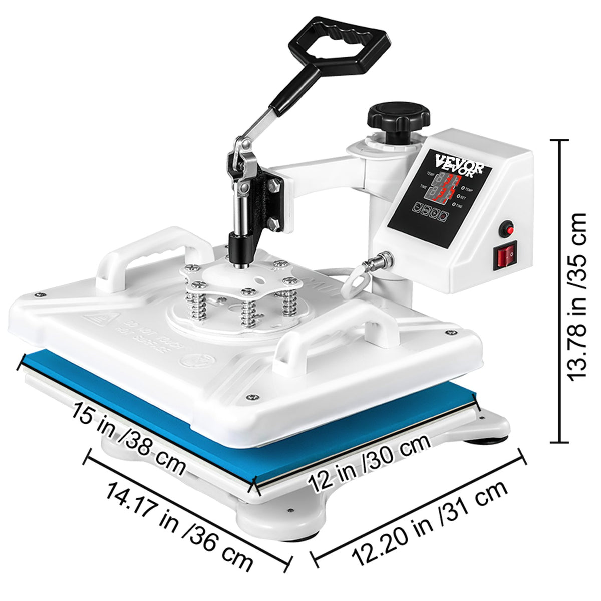 VEVOR kuumpress 30 × 38 cm 5-in-1, 1250 W, 360° pööratav, jalatsitele, mütsidele ja T-särkidele, valge