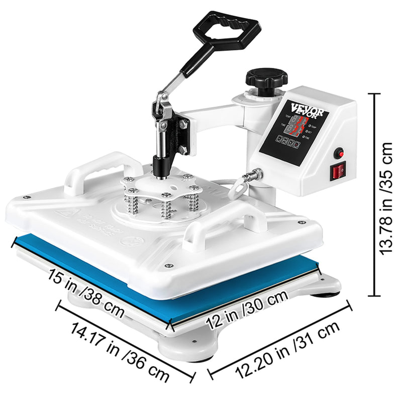 VEVOR Siltumspiedes iekārta 30 x 38 cm, 5-in-1 Siltumspiedes iekārta, 1250W, Siltumspiedes mašīna ar 360° rotējošu funkciju, balta krāsa, T-kreklu sublimācijas printeris, pārnesums DIY apaviem, cepurēm un T-krekliem