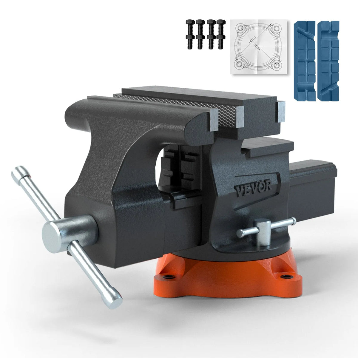 VEVOR Bench Vise with 16.5 cm Jaw Width, 16.5 cm Front and 23.6 cm Rear Opening, 360° Rotating Locking Base and Handle, Durable Cast Iron Construction for Drilling and Pipe Cutting