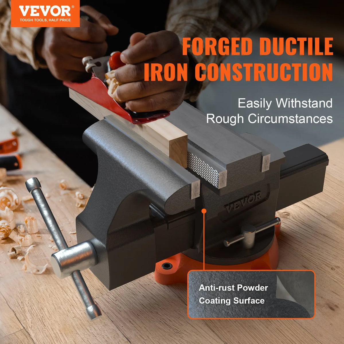 VEVOR Bench Vise with 16.5 cm Jaw Width, 16.5 cm Front and 23.6 cm Rear Opening, 360° Rotating Locking Base and Handle, Durable Cast Iron Construction for Drilling and Pipe Cutting