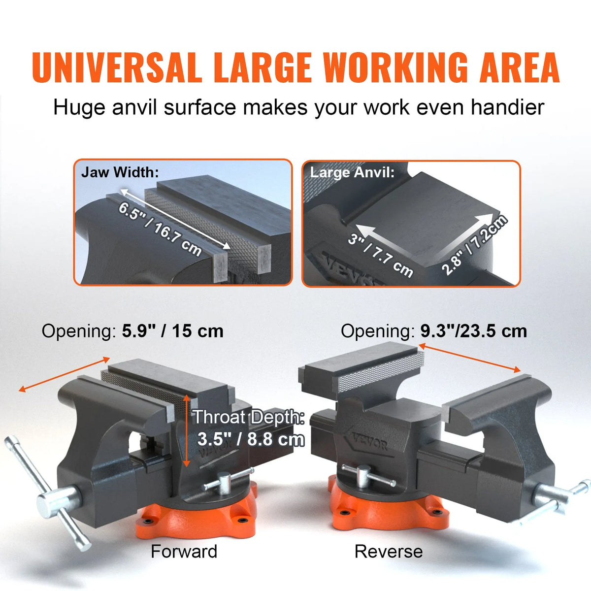 VEVOR Bench Vise with 16.5 cm Jaw Width, 16.5 cm Front and 23.6 cm Rear Opening, 360° Rotating Locking Base and Handle, Durable Cast Iron Construction for Drilling and Pipe Cutting