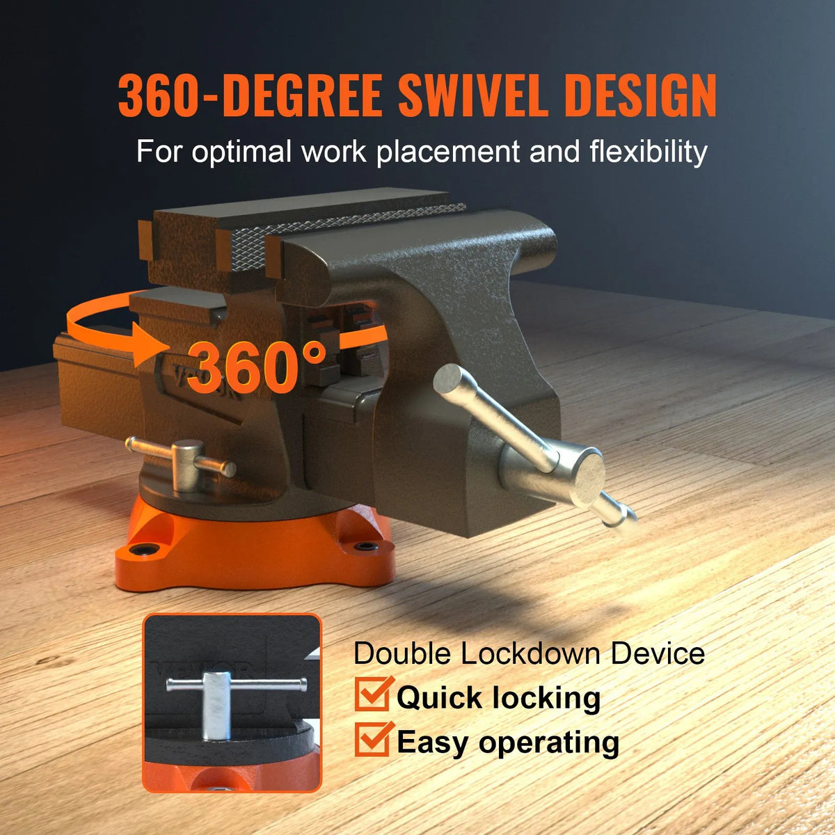 VEVOR Bench Vise with 16.5 cm Jaw Width, 16.5 cm Front and 23.6 cm Rear Opening, 360° Rotating Locking Base and Handle, Durable Cast Iron Construction for Drilling and Pipe Cutting
