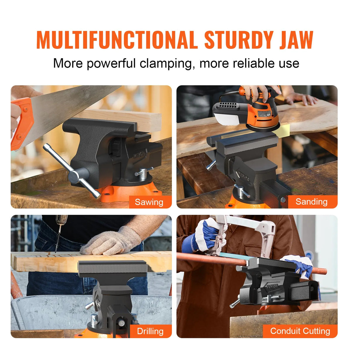 VEVOR Bench Vise with 16.5 cm Jaw Width, 16.5 cm Front and 23.6 cm Rear Opening, 360° Rotating Locking Base and Handle, Durable Cast Iron Construction for Drilling and Pipe Cutting
