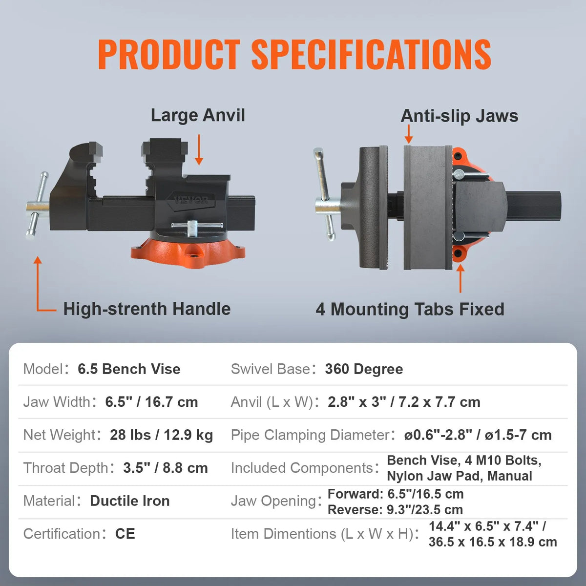 VEVOR Bench Vise with 16.5 cm Jaw Width, 16.5 cm Front and 23.6 cm Rear Opening, 360° Rotating Locking Base and Handle, Durable Cast Iron Construction for Drilling and Pipe Cutting