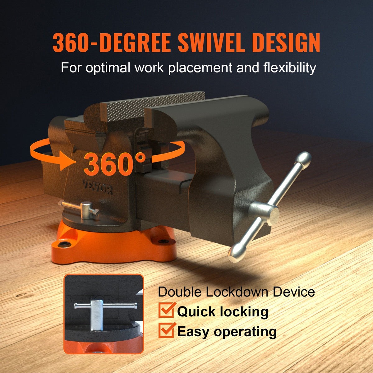 VEVOR 15.24 cm Bench Vise with Lock, 360° Rotating Base, Durable Cast Iron