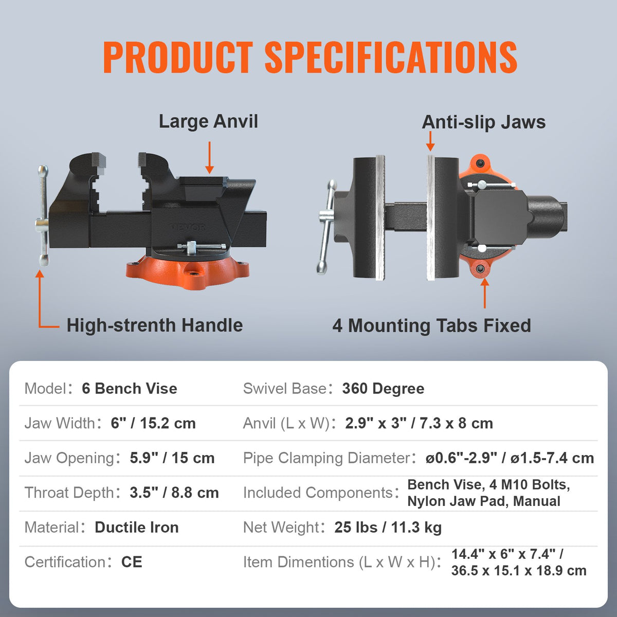 VEVOR 15.24 cm Bench Vise with Lock, 360° Rotating Base, Durable Cast Iron