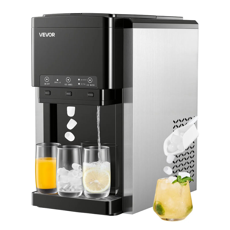 VEVOR galda ūdens dozators ar ledus automātu, 3-in-1, 16 kg/24 h ledus ražošana, 12 ledus gabaliņi 7 minūtēs, 1,8 kg uzglabāšanas ietilpība, lodīšu un sasmalcināts ledus, auksts ūdens, mājai un virtuvei