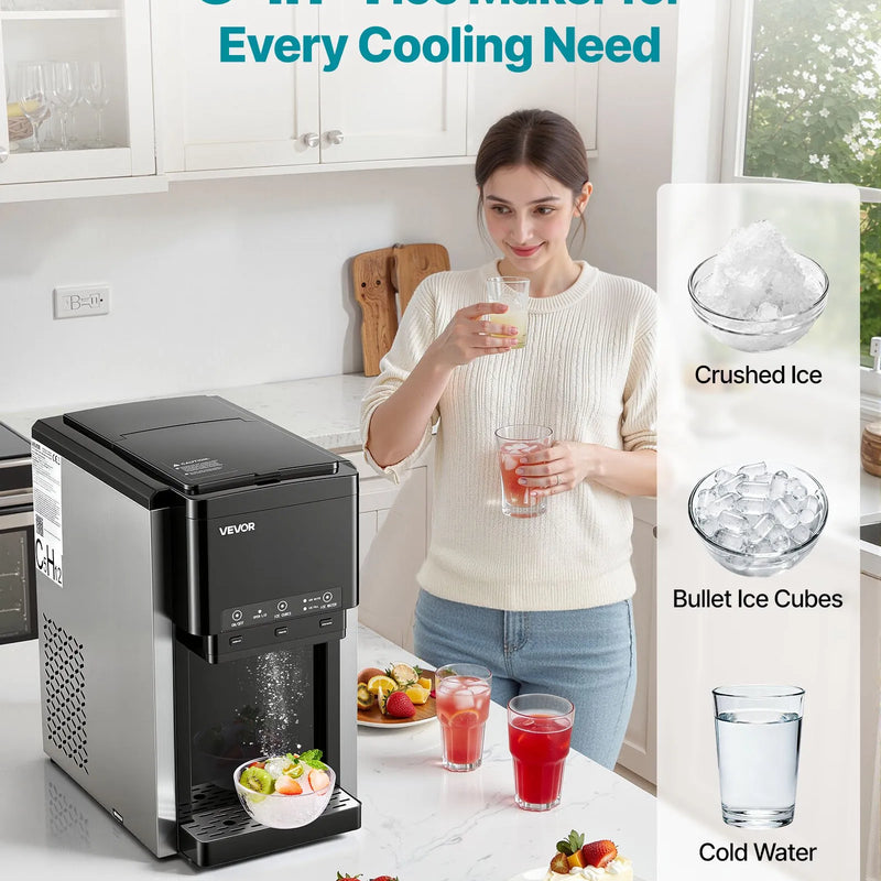 VEVOR galda ūdens dozators ar ledus automātu, 3-in-1, 16 kg/24 h ledus ražošana, 12 ledus gabaliņi 7 minūtēs, 1,8 kg uzglabāšanas ietilpība, lodīšu un sasmalcināts ledus, auksts ūdens, mājai un virtuvei