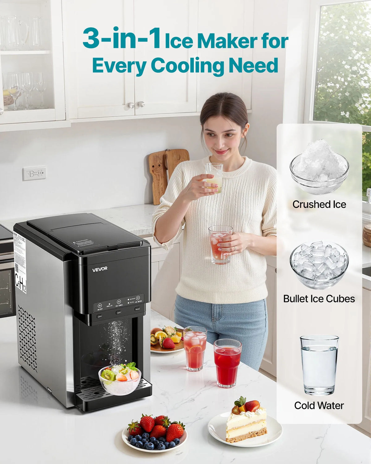 VEVOR Tabletop Water Dispenser with Ice Maker 3-in-1, 16 kg/24 h, Bullet and Crushed Ice, Cold Water