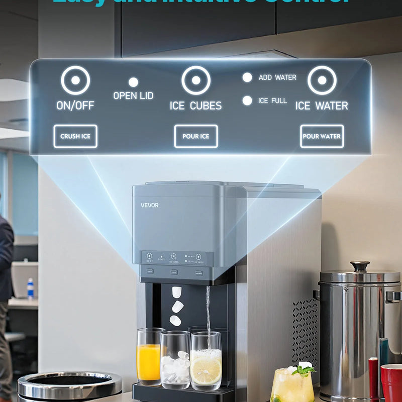 VEVOR galda ūdens dozators ar ledus automātu, 3-in-1, 16 kg/24 h ledus ražošana, 12 ledus gabaliņi 7 minūtēs, 1,8 kg uzglabāšanas ietilpība, lodīšu un sasmalcināts ledus, auksts ūdens, mājai un virtuvei
