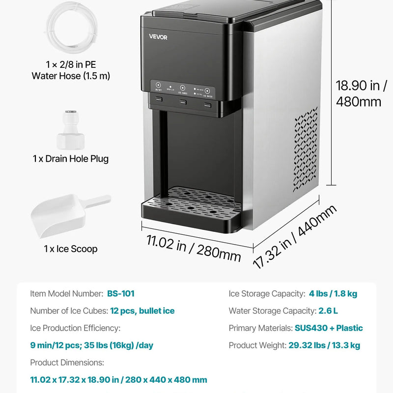 VEVOR galda ūdens dozators ar ledus automātu, 3-in-1, 16 kg/24 h ledus ražošana, 12 ledus gabaliņi 7 minūtēs, 1,8 kg uzglabāšanas ietilpība, lodīšu un sasmalcināts ledus, auksts ūdens, mājai un virtuvei