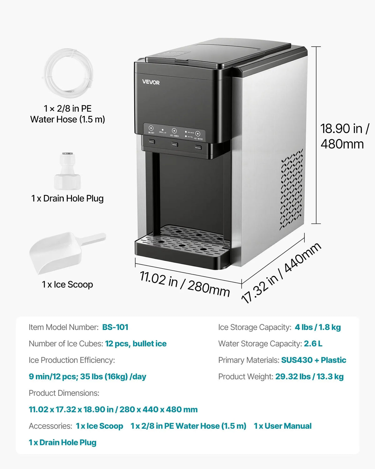 VEVOR Tabletop Water Dispenser with Ice Maker 3-in-1, 16 kg/24 h, Bullet and Crushed Ice, Cold Water