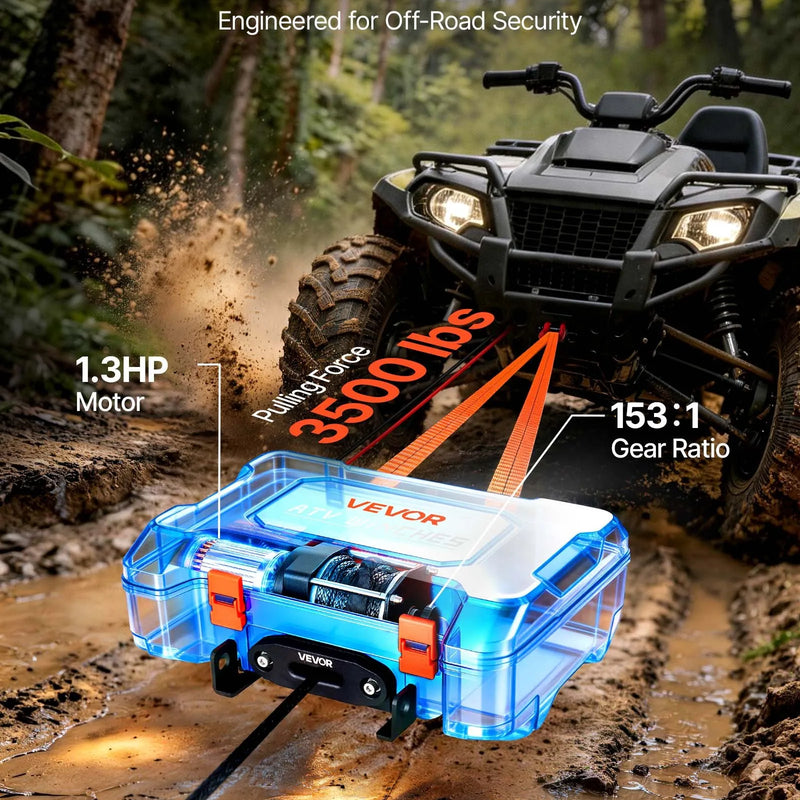 VEVOR pārnēsājama elektriskā vinča 1587 kg, 12 V DC, ar sintētisko trosi, bezvadu un vadu tālvadību, atgūšanas komplektu, ATV/UTV bezceļiem
