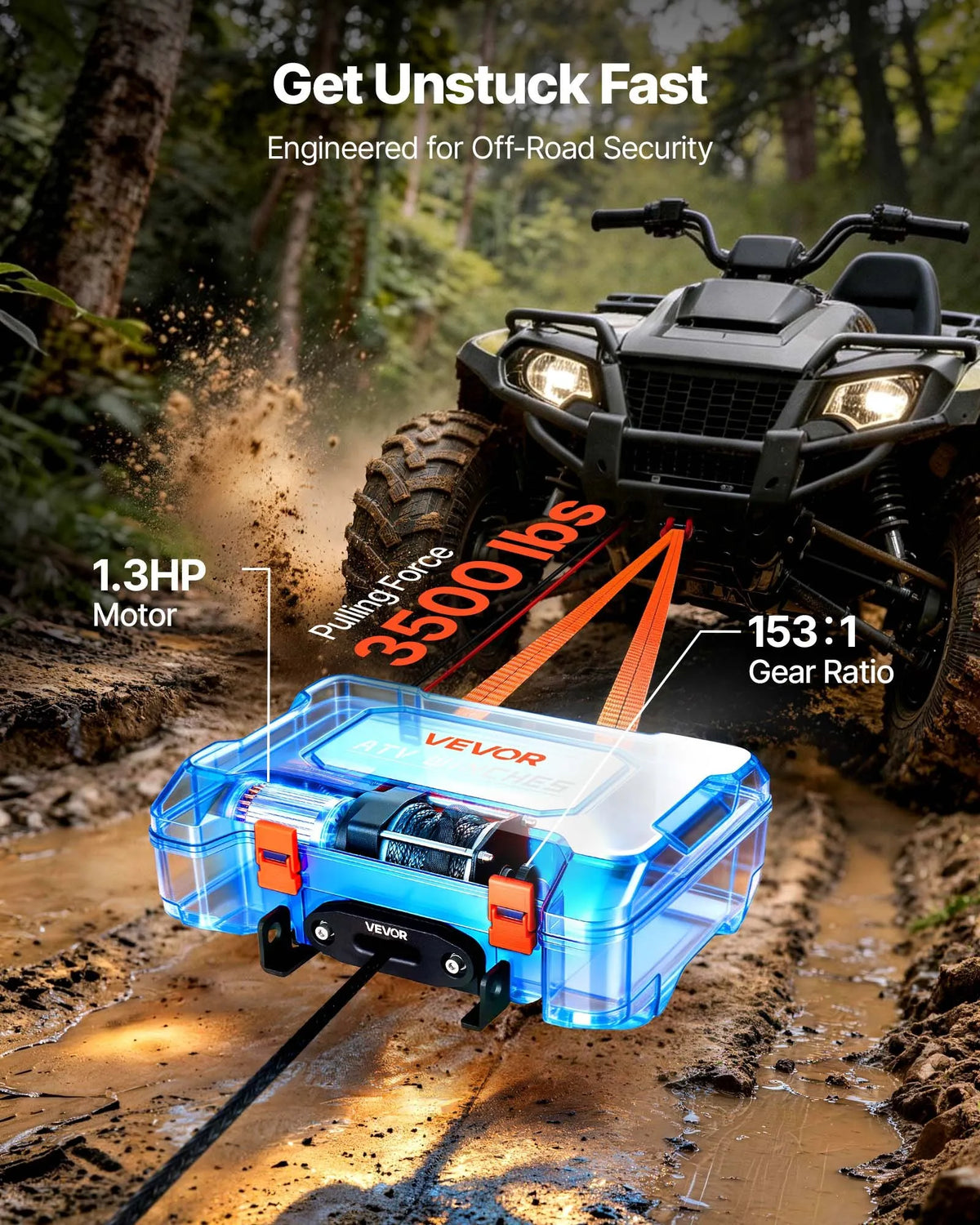 VEVORi kaasaskantav elektriline vints 1587 kg, 12 V alalisvool, sünteetilise trossiga, juhtmevaba ja juhtme kaugjuhtimispuldiga, päästmiskomplektiga, ATV/UTV maastikul kasutamiseks