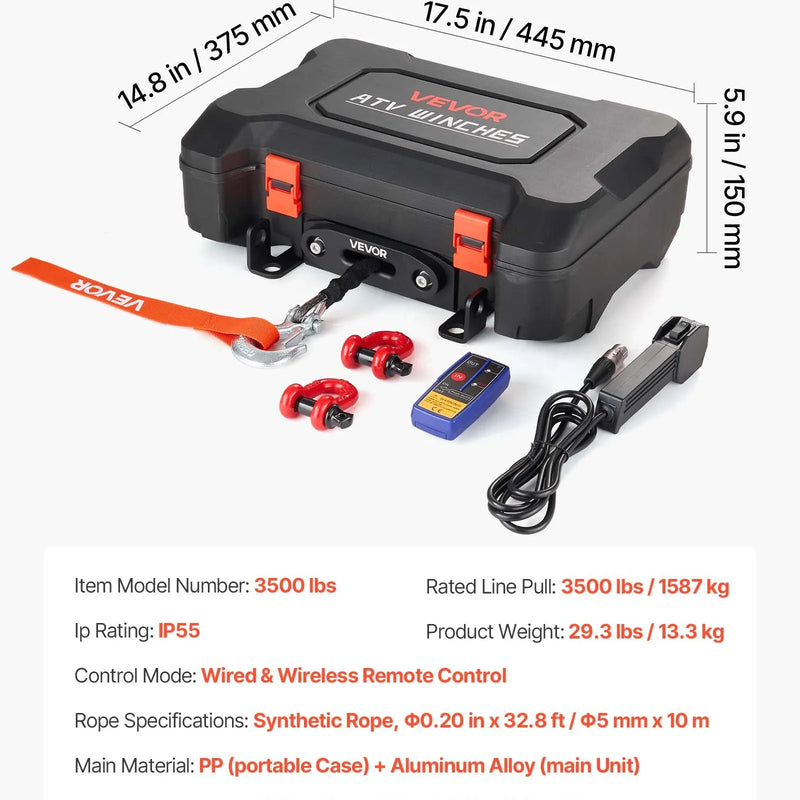 VEVOR pārnēsājama elektriskā vinča 1587 kg, 12 V DC, ar sintētisko trosi, bezvadu un vadu tālvadību, atgūšanas komplektu, ATV/UTV bezceļiem