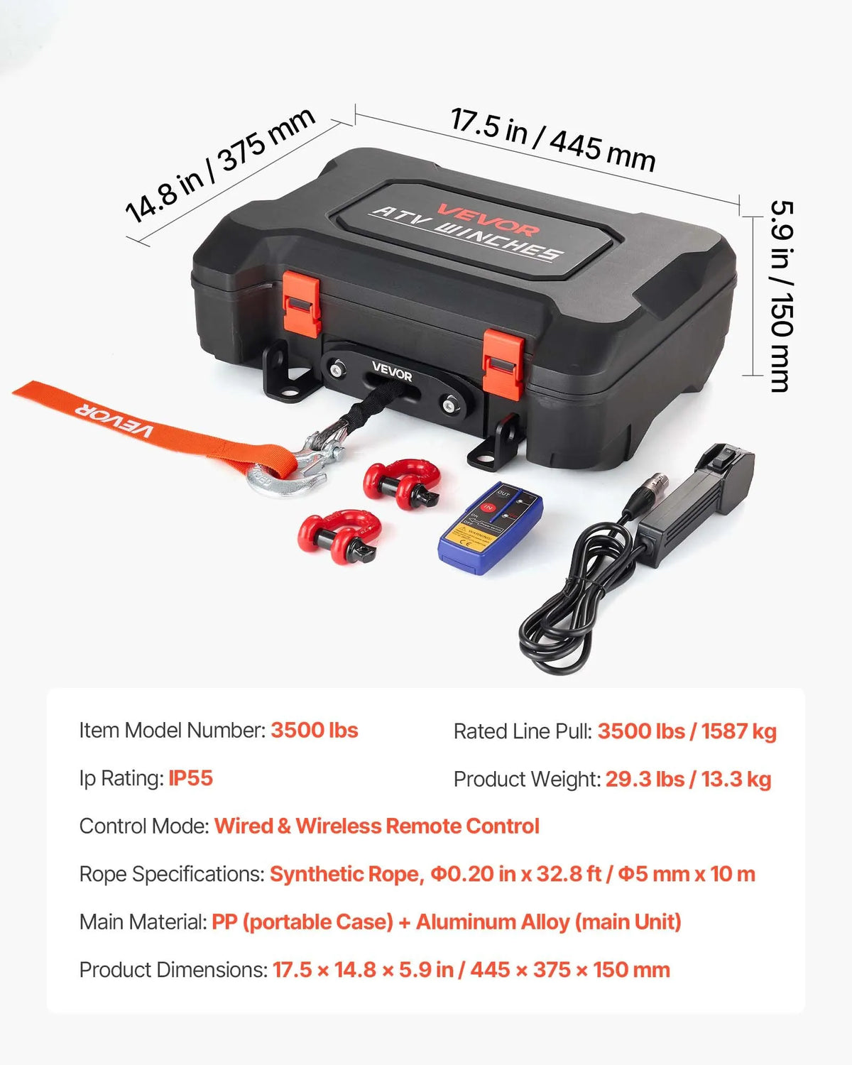 VEVORi kaasaskantav elektriline vints 1587 kg, 12 V alalisvool, sünteetilise trossiga, juhtmevaba ja juhtme kaugjuhtimispuldiga, päästmiskomplektiga, ATV/UTV maastikul kasutamiseks
