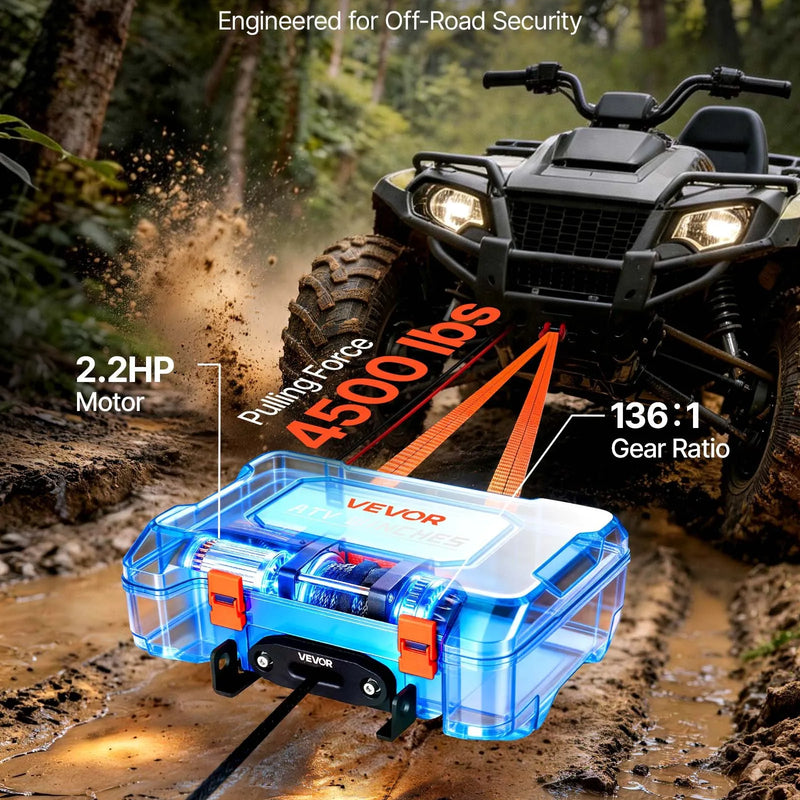 VEVOR pārnēsājama elektriskā vinča 2041 kg, 12 V DC, ar sintētisko trosi, bezvadu un vadu tālvadību, atgūšanas komplektu, ATV/UTV bezceļiem