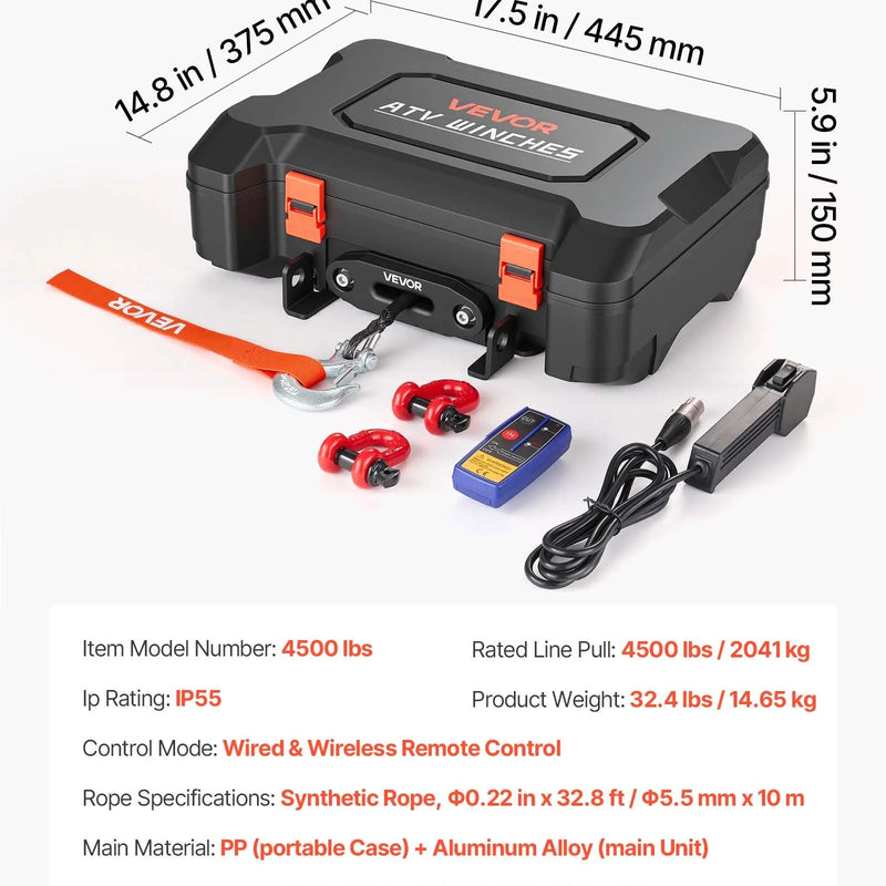VEVOR pārnēsājama elektriskā vinča 2041 kg, 12 V DC, ar sintētisko trosi, bezvadu un vadu tālvadību, atgūšanas komplektu, ATV/UTV bezceļiem