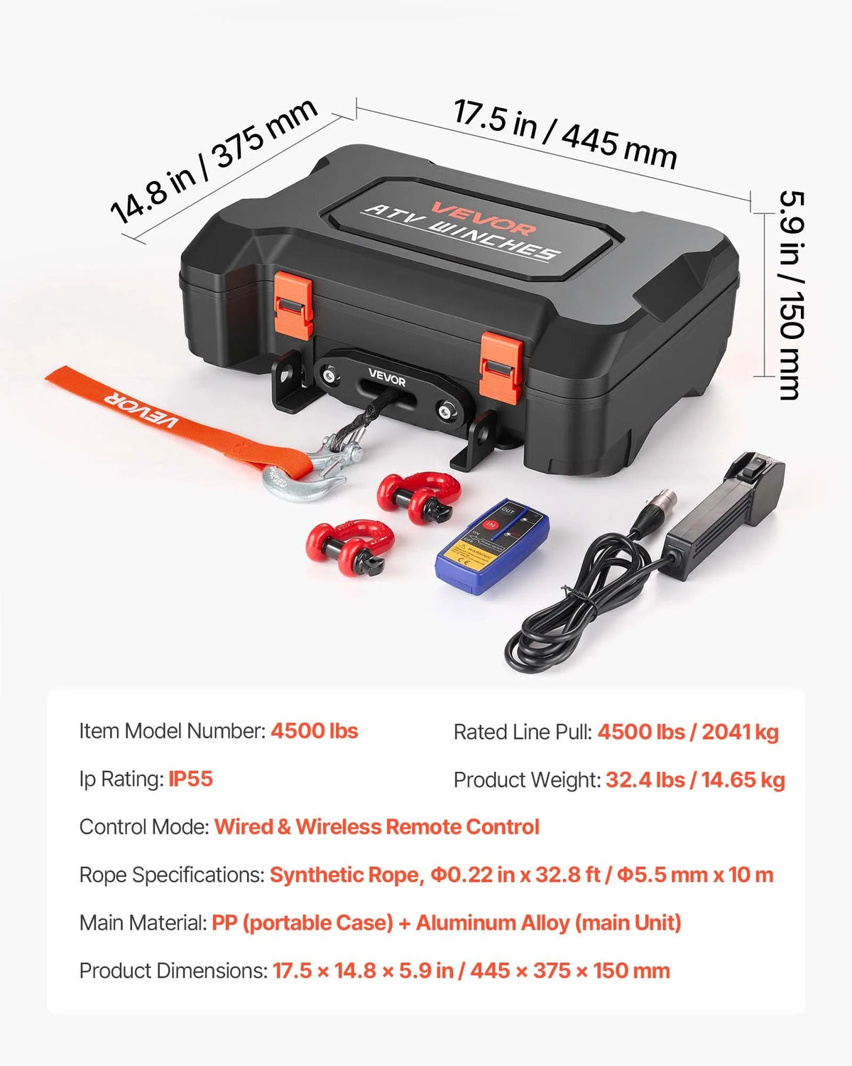VEVOR pārnēsājama elektriskā vinča 2041 kg, 12 V DC, ar sintētisko trosi, bezvadu un vadu tālvadību, atgūšanas komplektu, ATV/UTV bezceļiem