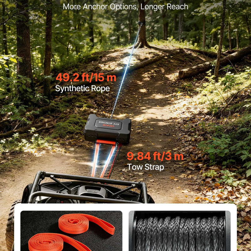 VEVOR pārnēsājama elektriskā vinča 2721 kg, 12 V DC, ar sintētisko trosi, bezvadu un vadu tālvadību, atgūšanas komplektu, ATV/UTV bezceļu vilkšanai