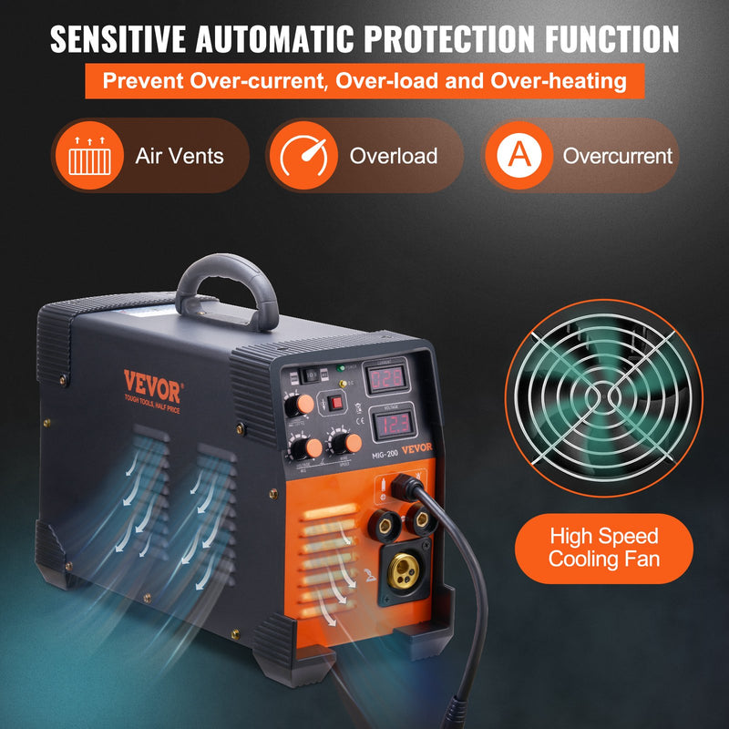 VEVOR MIG metināšanas aparāts 200 A, 3-in-1 MIG / Lift TIG / MMA (Stick) metināšanas iekārta, 220 V, ar IGBT līdzstrāvas invertoru un digitālo displeju