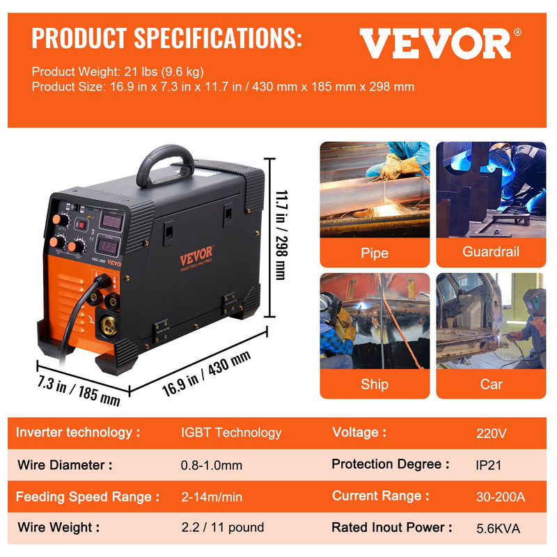 VEVOR MIG metināšanas aparāts 200 A, 3-in-1 MIG / Lift TIG / MMA (Stick) metināšanas iekārta, 220 V, ar IGBT līdzstrāvas invertoru un digitālo displeju
