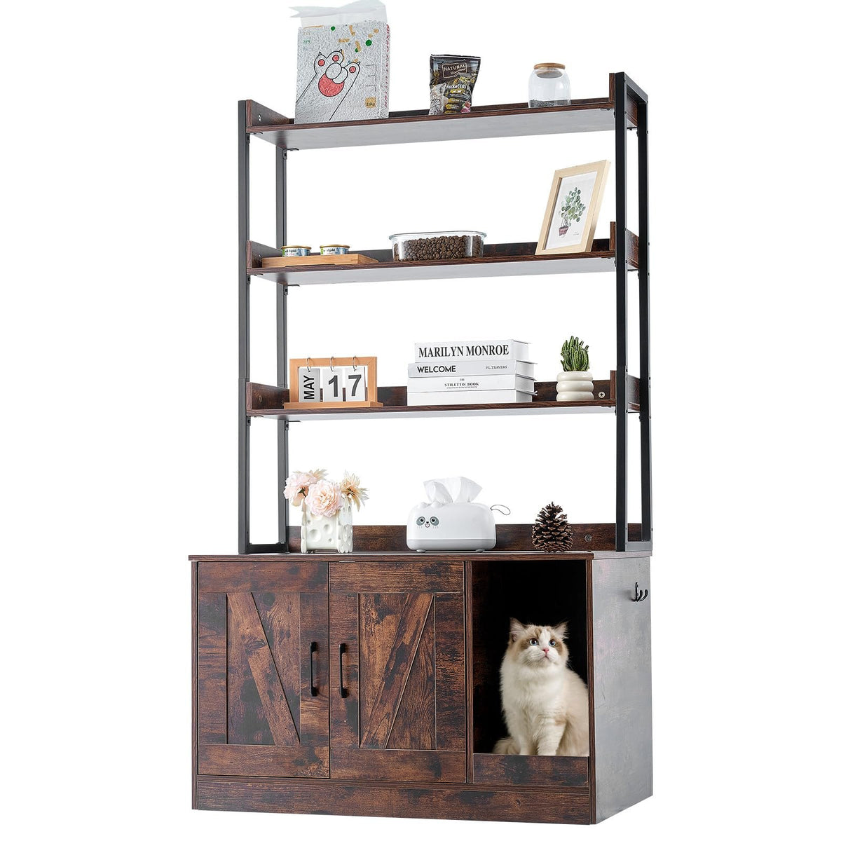 VEVOR Cat Litter Box Cabinet with 3 Shelves, 85 × 49 × 149 cm, Dark Brown