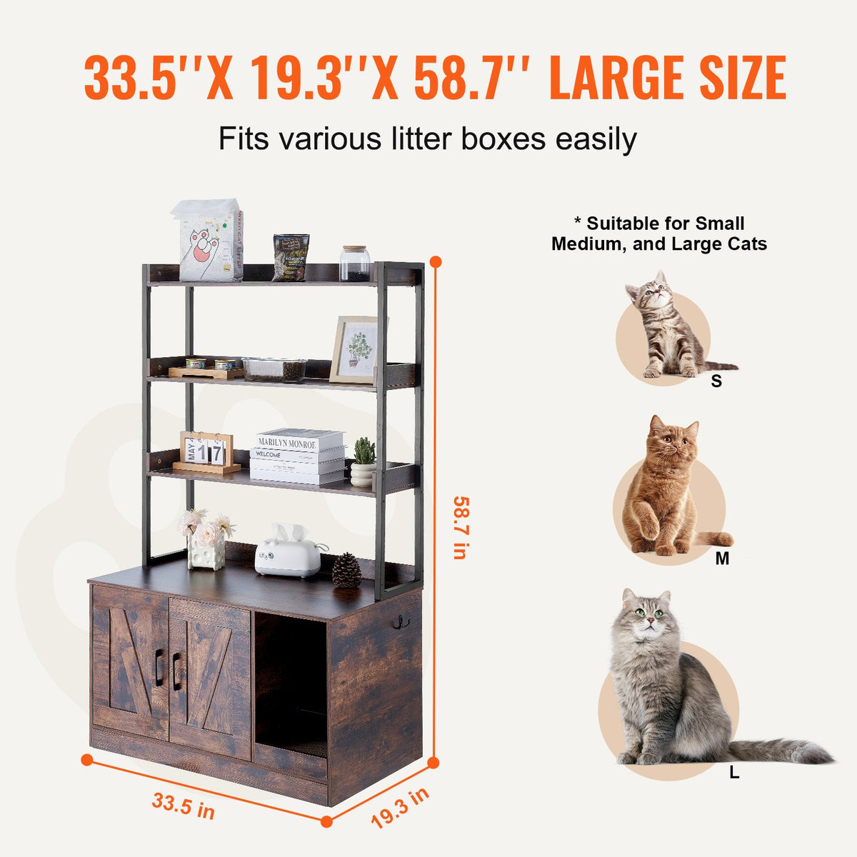 VEVOR Cat Litter Box Cabinet with 3 Shelves, 85 × 49 × 149 cm, Dark Brown