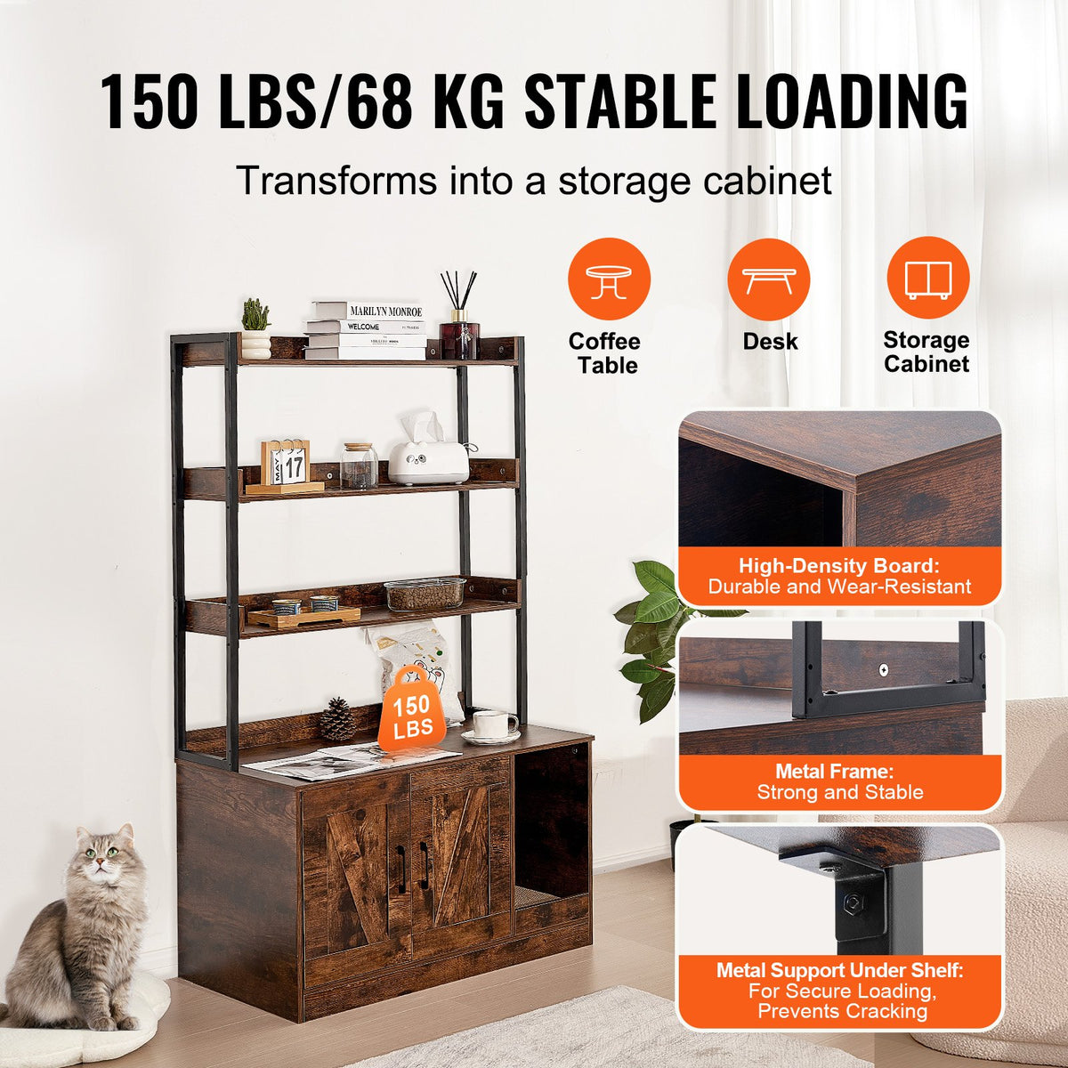 VEVOR Cat Litter Box Cabinet with 3 Shelves, 85 × 49 × 149 cm, Dark Brown