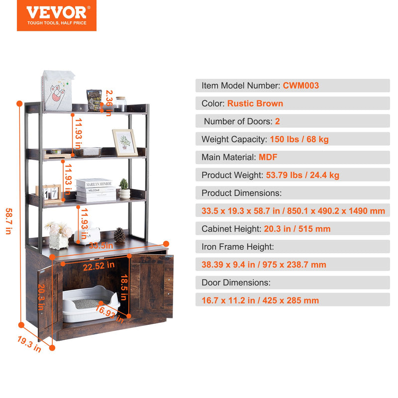 VEVOR kaķu tualetes skapītis ar 3 plauktiem, 85 × 49 × 149 cm, tumši brūns