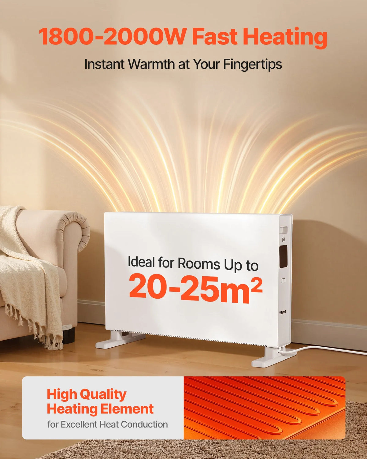 Convection Panel Heater 2000 W, Electric Room Heater with Remote Control and Touch Display, 3 Modes, 24 h Timer, Freestanding or Wall-Mounted, Tip-Over and Overheat Protection, for Home and Office
