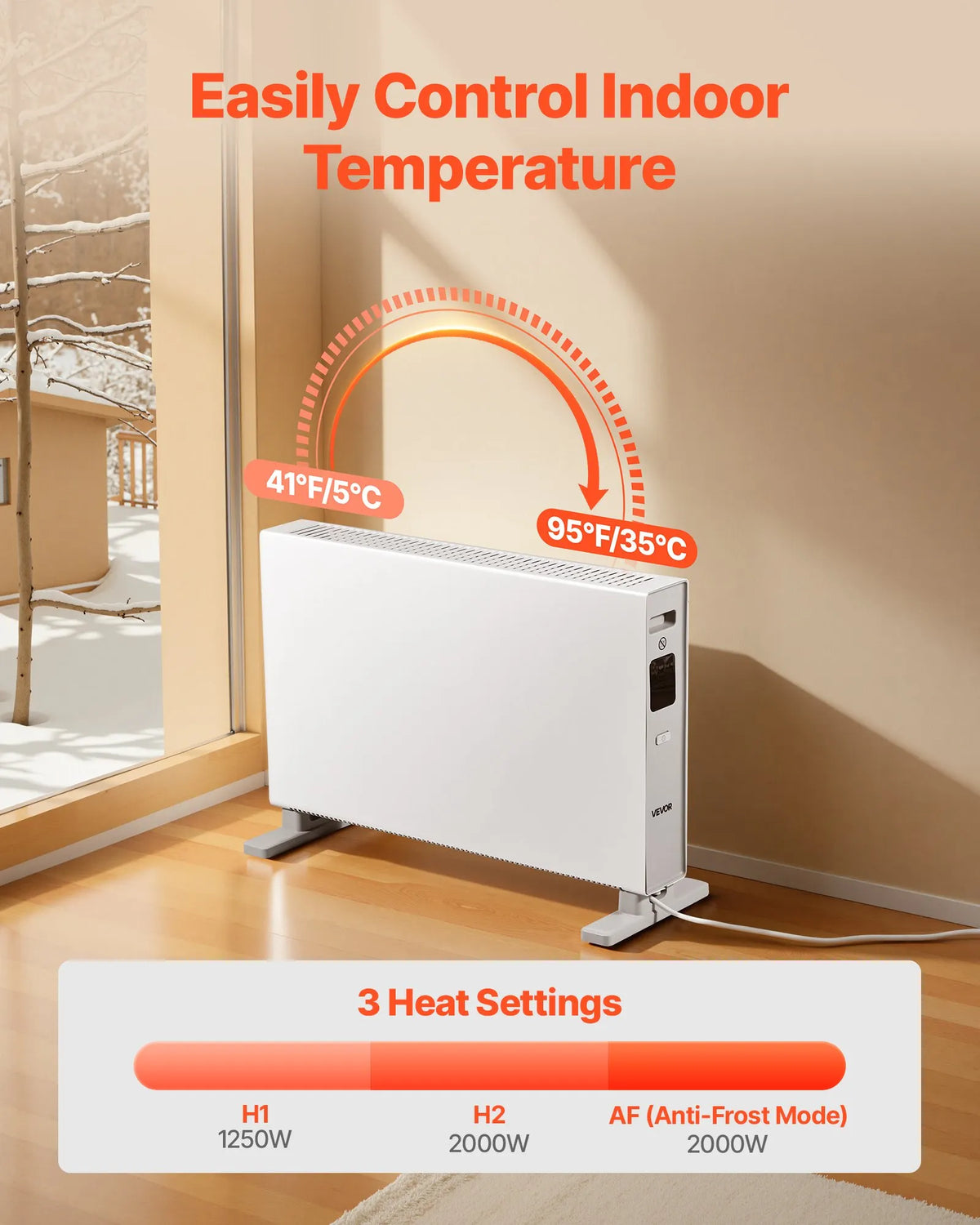 Convection Panel Heater 2000 W, Electric Room Heater with Remote Control and Touch Display, 3 Modes, 24 h Timer, Freestanding or Wall-Mounted, Tip-Over and Overheat Protection, for Home and Office