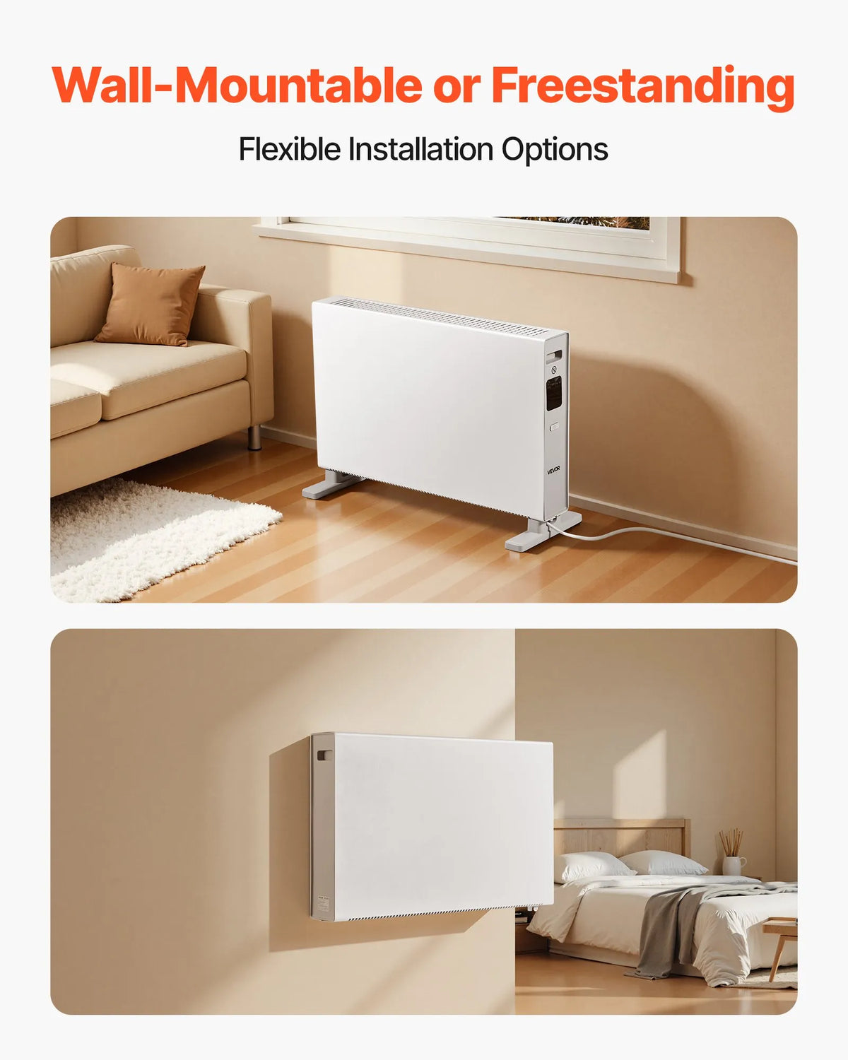 Convection Panel Heater 2000 W, Electric Room Heater with Remote Control and Touch Display, 3 Modes, 24 h Timer, Freestanding or Wall-Mounted, Tip-Over and Overheat Protection, for Home and Office