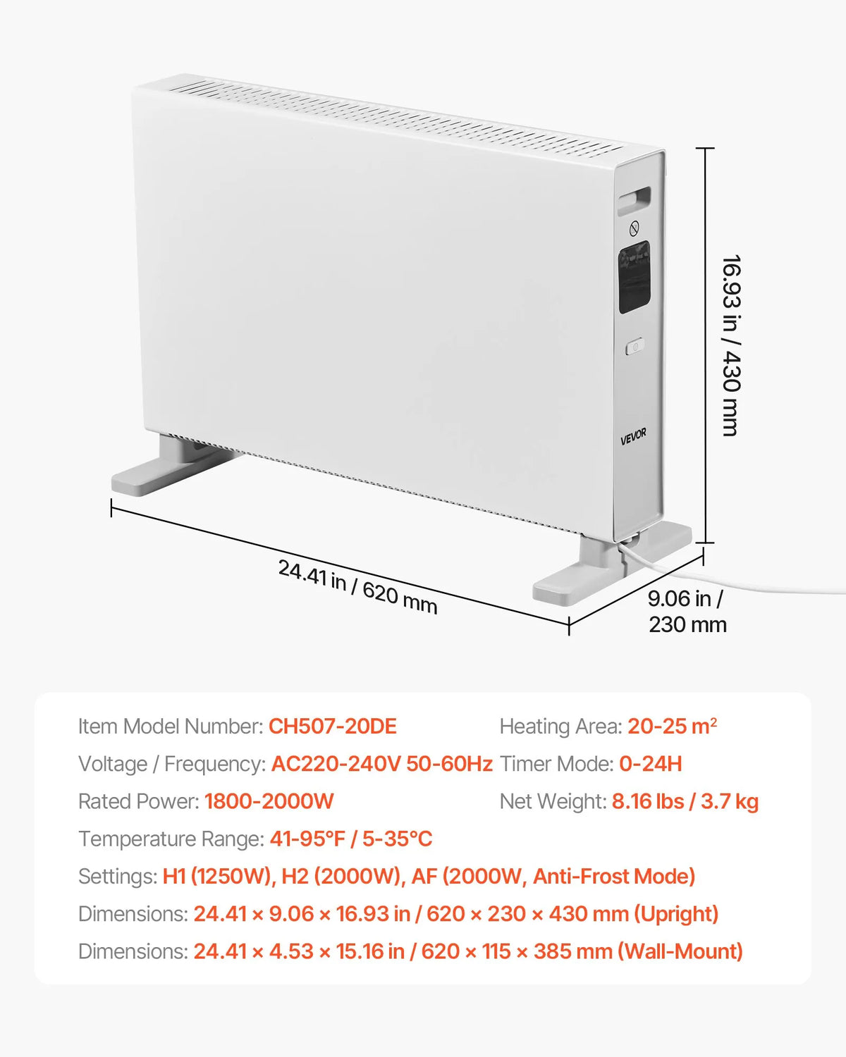 Convection Panel Heater 2000 W, Electric Room Heater with Remote Control and Touch Display, 3 Modes, 24 h Timer, Freestanding or Wall-Mounted, Tip-Over and Overheat Protection, for Home and Office