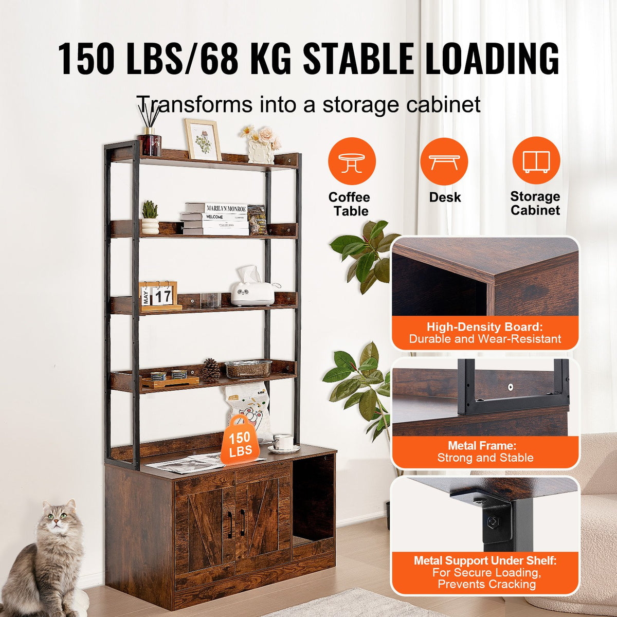VEVOR kassiliivakasti kapp peidetud liivakasti ja 4 riiuliga, 85 × 49 × 184 cm, tumepruun