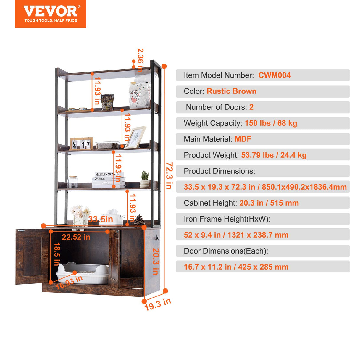 VEVOR kassiliivakasti kapp peidetud liivakasti ja 4 riiuliga, 85 × 49 × 184 cm, tumepruun