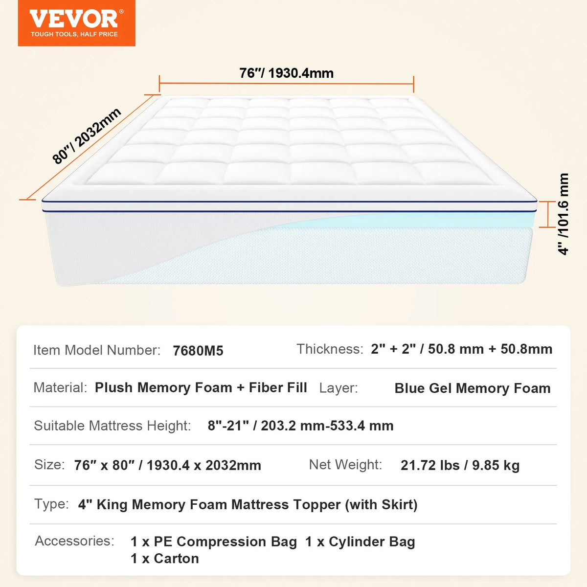 VEVOR matrača virsmatracis King izmērs 1930 x 2032 x 101,6 mm ar atmiņas putām un šķiedru pildījumu 101,6 mm biezums - ZEMLETES.LV