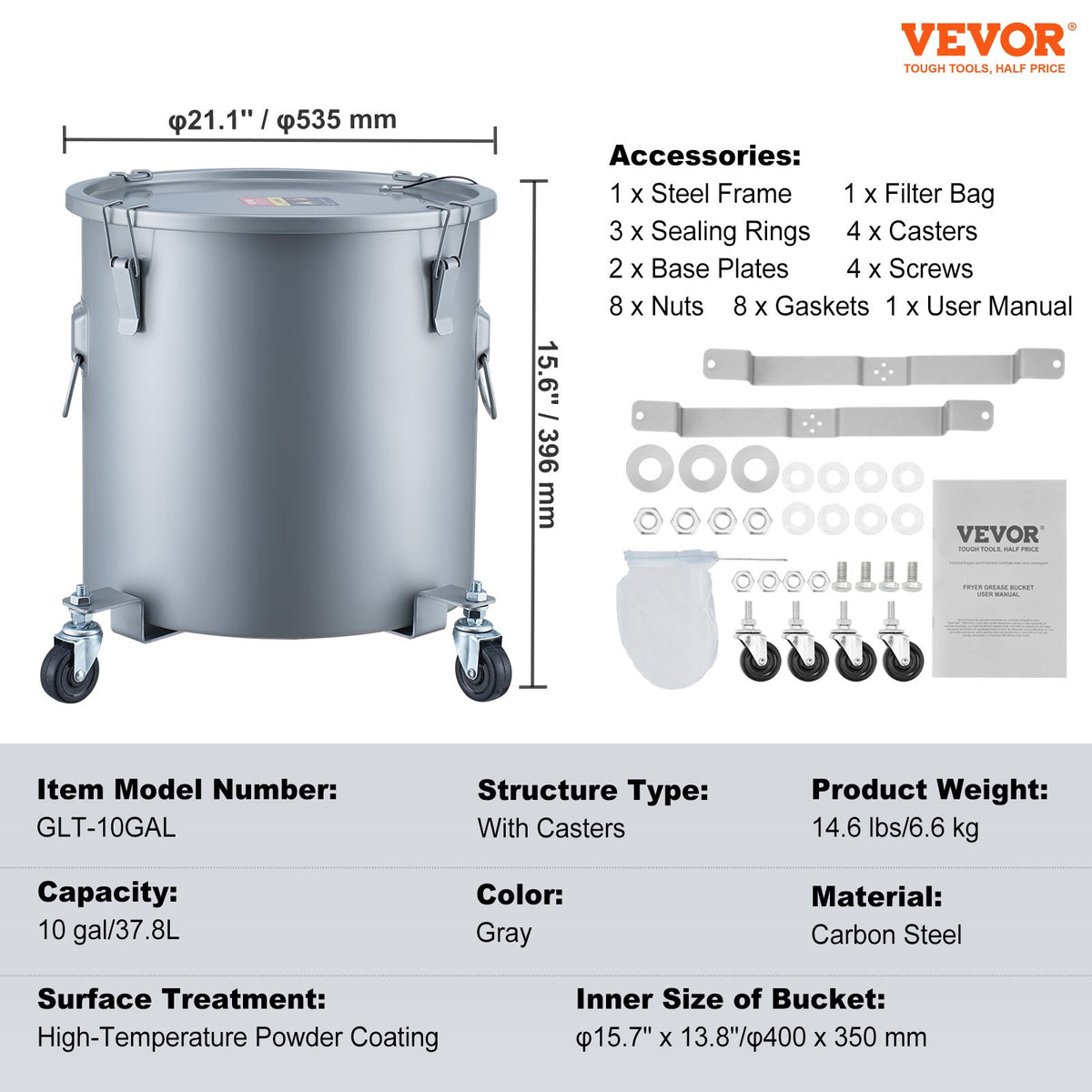 VEVOR Oil Fryer Tank 37.9 l with Wheels, Lid and Filter Bag, Rust-Resistant