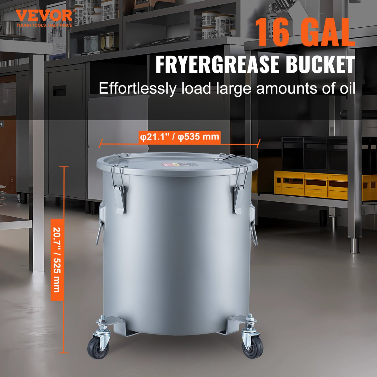 VEVOR fritüüriõli mahuti 60,5 l ratasaluse, kaane, fiksaatorite ja filtrikotiga, hall