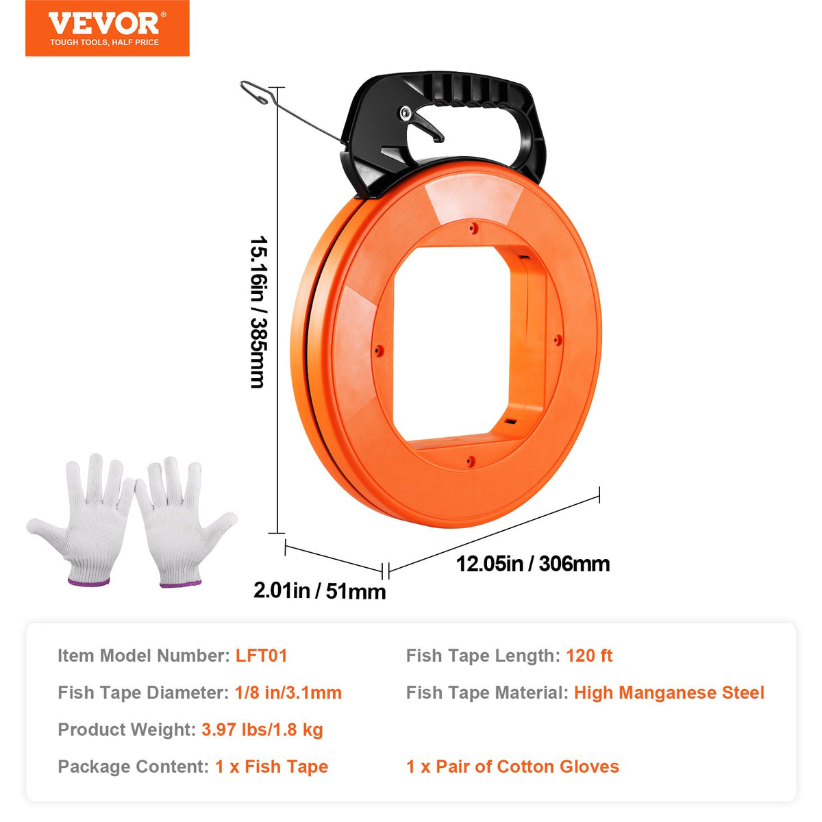 VEVOR tērauda vadu ievilkšanas lenta, 36,6 m × 3,2 mm, ar izturīgu plastmasas korpusu