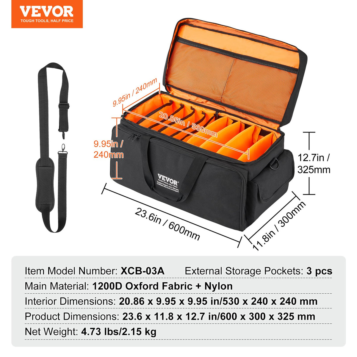 VEVOR DJ-kaablikott 60 × 30 × 32 cm, 1200D, 9 eemaldatavat vahet, õlarihmaga
