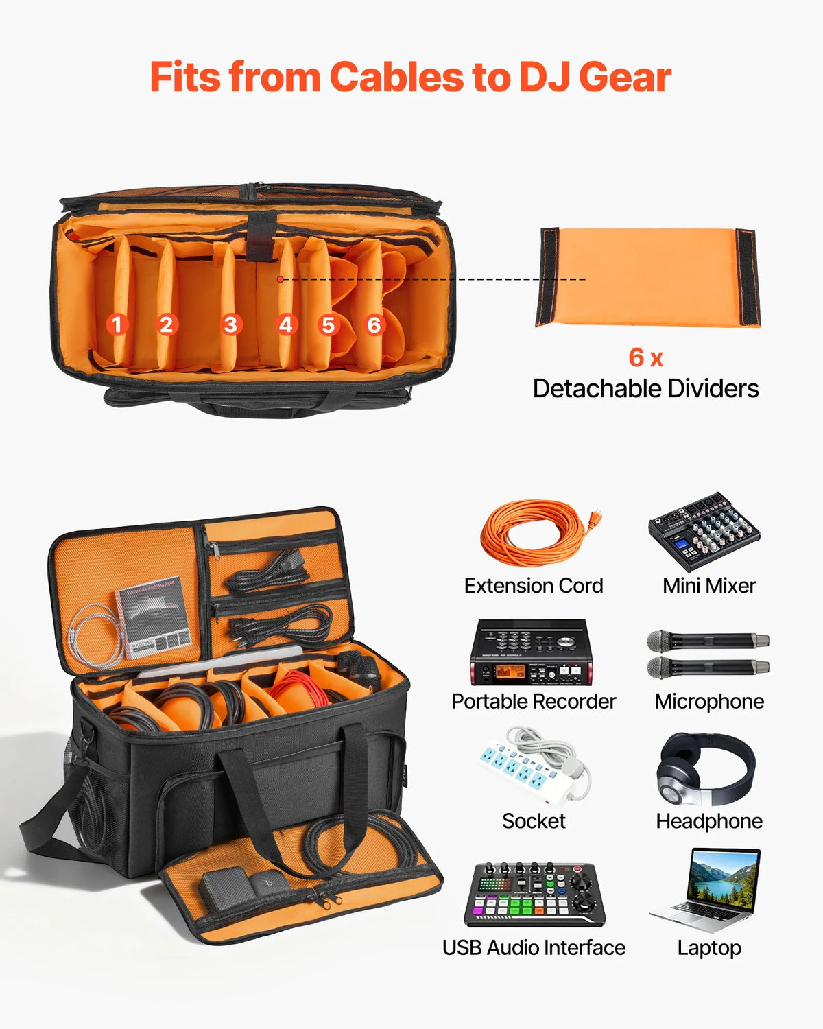 VEVOR DJ Cable Bag with Wheels, 1680D, 6 Removable Compartments, Music Equipment Storage